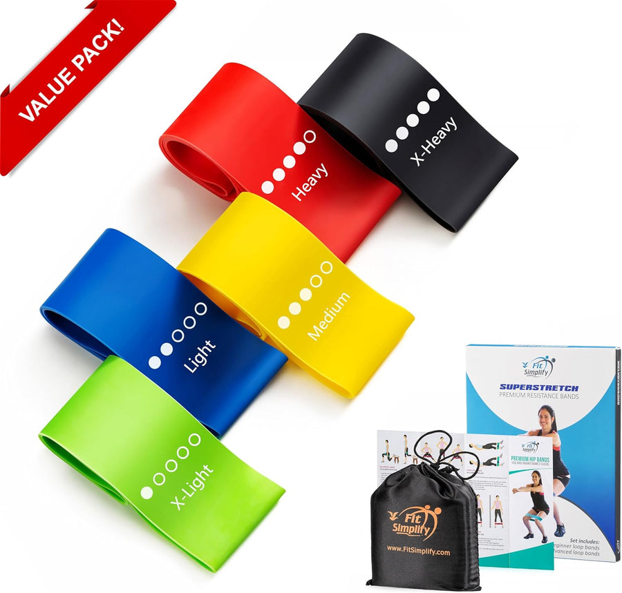Fit Simplify Resistance Loop Bands - Set of 5 with Carry Bag & Guide