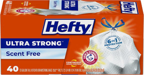 Hefty Ultra Strong 13 Gallon Trash Bags, Tall Kitchen Trash Bags 13 Gallon Size, Drawstring Closure, Continuous Odor Control, White, Unscented, 40 Bags