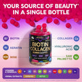 Biotin Gummies with Collagen - Hair Growth Support, Skin, & Nail Strength - for Women & Men - Biotin 10000mcg | Keratin | Hyaluronic Acid | B-Complex | Nettle - Sugar-Free, Mixed Berry, 60 Gummies