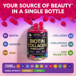 Biotin Gummies with Collagen - Hair Growth Support, Skin, & Nail Strength - for Women & Men - Biotin 10000mcg | Keratin | Hyaluronic Acid | B-Complex | Nettle - Sugar-Free, Mixed Berry, 60 Gummies