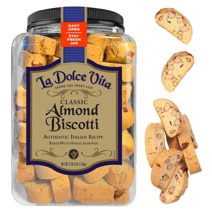 La Dolce Vita Classic Almond Italian Biscotti Cookies, Gourmet Coffee & Tea Dipping Snack, 40 oz Jar