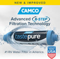 Camco Tastepure RV Water Filter - Advanced RV Inline Water Filter with Flexible Hose Protector - GAC & KDF Filtration - Made in USA - Camping Essentials for Fresh Drinking Water (40043)