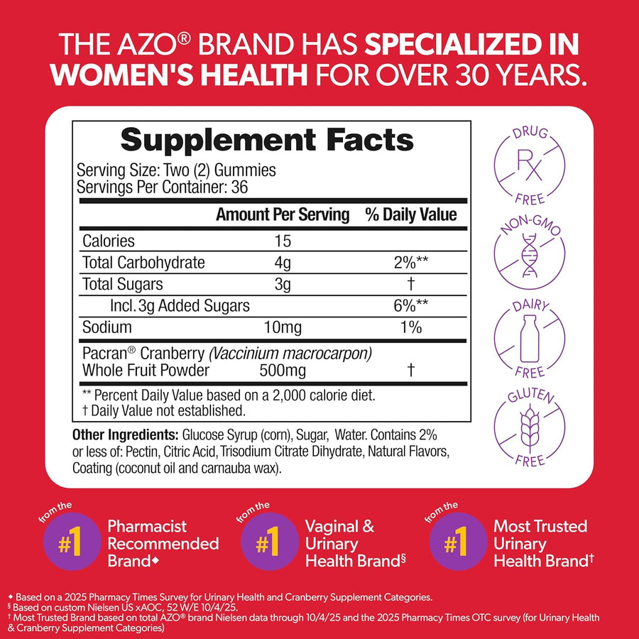 AZO Cranberry Urinary Tract Health Gummies Dietary Supplement, 2 Gummies = 1 Glass of Cranberry Juice, Helps Cleanse & Protect, Natural Berrylicious Flavor, Non-GMO, 72 Gummies