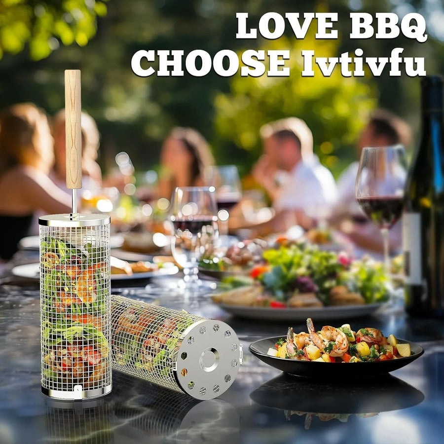 Nesting Grill Baskets (2PCS) with Removable Wooden Handle, Stainless Steel BBQ Tools