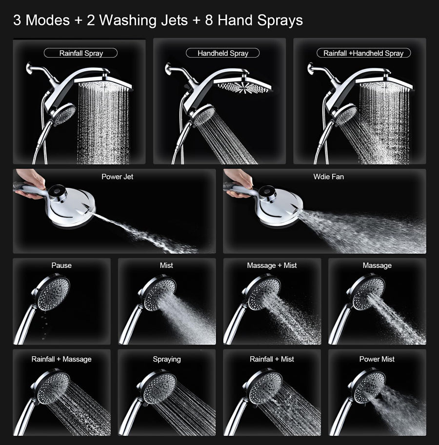 High Pressure Rain Shower Head: Upgrade Shower Heads with Handheld Spray Combo with Fixed Showerhead and 10 Sprays Handheld Shower Head, Detachable Shower head Built-in Magnetic Docking and Power Jets