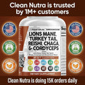 Clean Nutraceuticals Lions Mane 20in1 Mushroom Supplement with Turkey Tail Reishi Cordyceps Chaga Maitake Meshima Poria Cocos Shiitake Oyster Porcini Enoki - 1 Pack