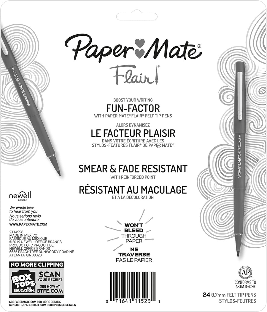 Paper Mate Felt Tip Pens, Flair Marker Pens, Medium Point, Assorted, 24 Count - Home, Office, Back to School, Teacher Supplies