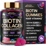 Biotin Gummies with Collagen - Hair Growth Support, Skin, & Nail Strength - for Women & Men - Biotin 10000mcg | Keratin | Hyaluronic Acid | B-Complex | Nettle - Sugar-Free, Mixed Berry, 60 Gummies