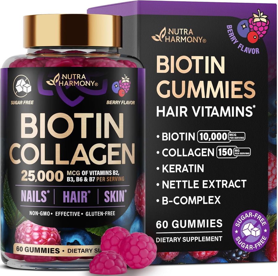 Biotin Gummies with Collagen - Hair Growth Support, Skin, & Nail Strength - for Women & Men - Biotin 10000mcg | Keratin | Hyaluronic Acid | B-Complex | Nettle - Sugar-Free, Mixed Berry, 60 Gummies