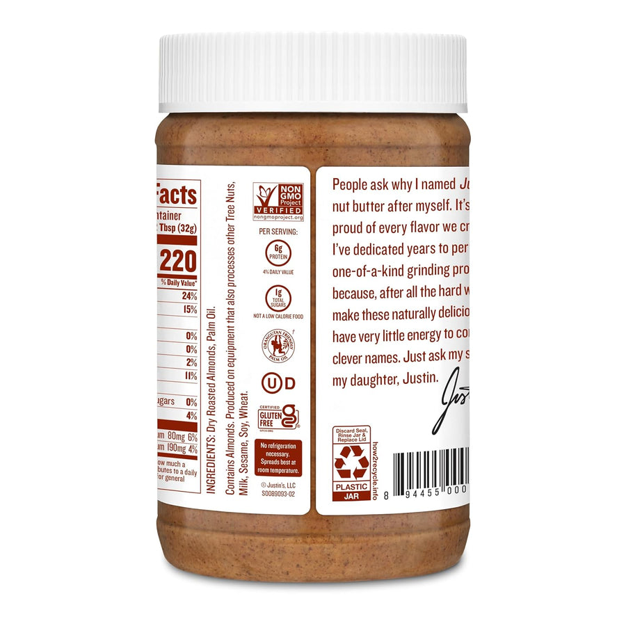 Justin's Classic Almond Butter, Only Two Ingredients, No Stir, Gluten-free, Non-GMO, Keto-friendly, Responsibly Sourced, 16 Ounce Jar, Pack of 1