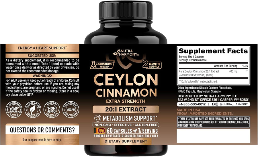 Ceylon Cinnamon Capsules - Extra Strength - 20:1 Extract Supplement