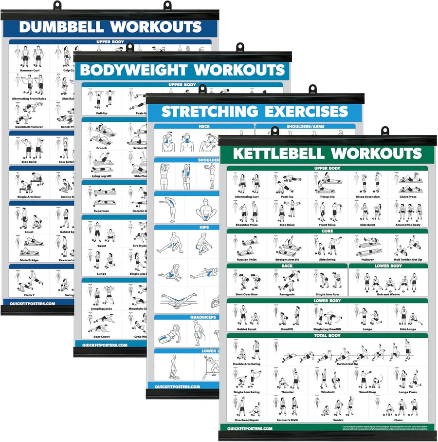 4-Pack Laminated Workout Posters: Dumbbell, Bodyweight, Stretching, Kettlebell Exercises