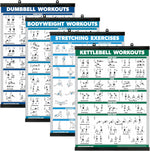 Palace Learning 4 Pack Workout Charts - Dumbbell, Bodyweight, Stretching, Kettlebell Exercises