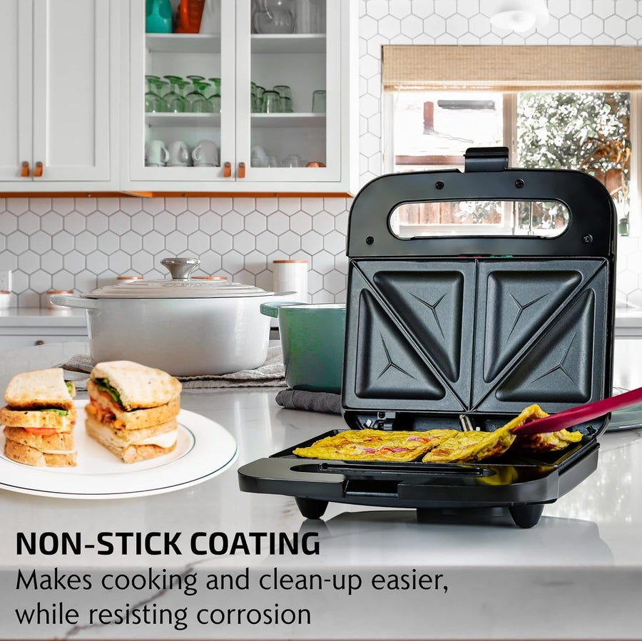 OVENTE Electric Sandwich Maker with Non-Stick Plates, Indicator Lights, Cool Touch Handle, Easy to Clean and Store, Perfect for Cooking Breakfast, Grilled Cheese, Tuna Melts and Snacks, Black GPS401B