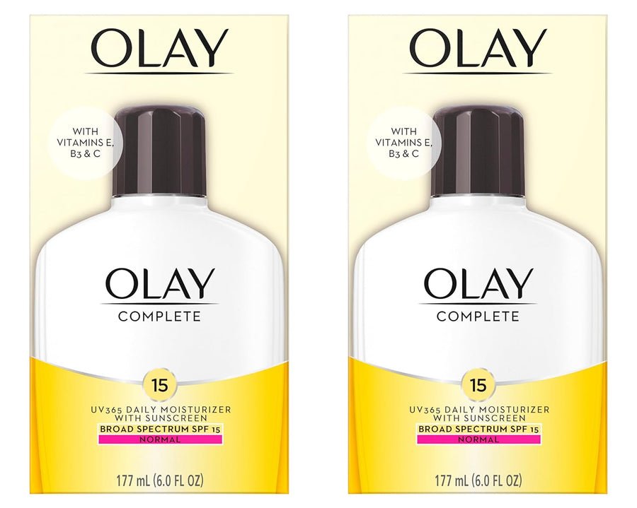 Olay Face Moisturizer, Complete with Sunscreen SPF 15, Daily Facial Lotion for Normal Skin, Lightweight Hydrating Broad Spectrum Sun Protection - Vitamin C, E, and Niacinamide - 6 Oz 2 Pack