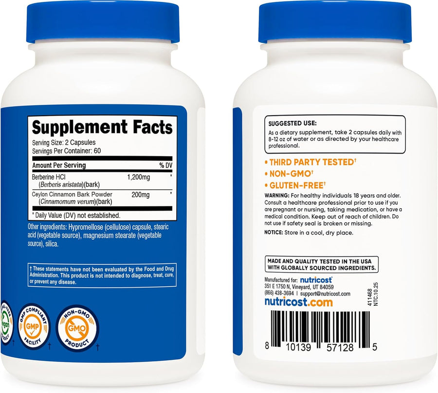 Nutricost Berberine HCl with Ceylon Cinnamon Capsules 120 Count
