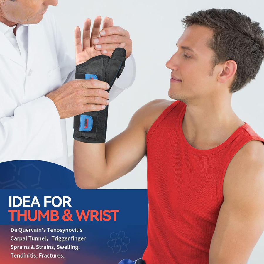 FEATOL Carpal Tunnel Wrist Brace Night Support, Thumb Spica Splint Right Hand for De Quervains Tenosynovitis, Tendonitis, Thumb Brace for Women Men, Black Blue, Small/Medium