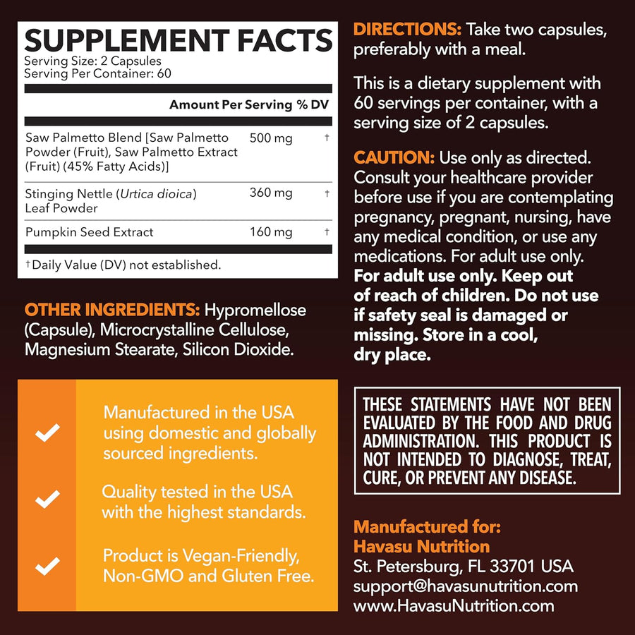 Saw Palmetto Supplement with Stinging Nettle and Pumpkin Seed Extract - Advanced 3X Formula - DHT Blocker Urinary Health and Prostate Support for Mens Health - Vegan, Non-GMO Capsules - 2 Month Supply