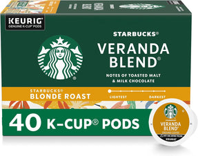 Starbucks K-Cup Coffee Pods, Starbucks Blonde Roast Hot or Iced Coffee, Veranda Blend, 40 Keurig Pods