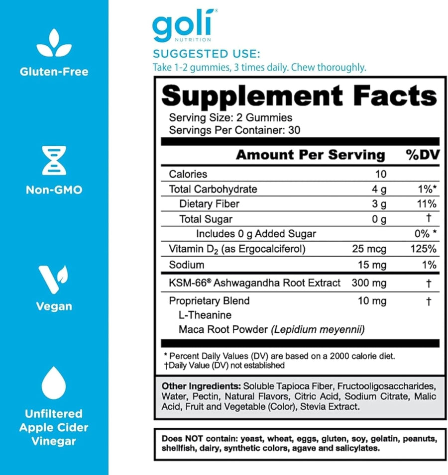 Goli Zero Sugar Ashwagandha Gummies with KSM-66, L-Theanine, Maca and Vitamin D - No Sugar Alcohols - Vegan, Keto-Friendly, Non-GMO