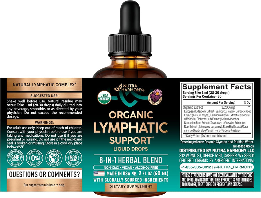 USDA Organic Lymphatic Drainage Supplement - Echinacea | Elderberry | Dandelion | Rosehip | Cleavers | Calendula | Burdock - Lab Tested - Lymph System Drops - Immune Support, Cleanse & Detox, 2 fl oz