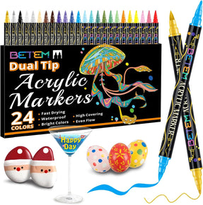 Betem Acrylic Paint Markers, Dual Tip 24 Colors Acrylic Paint Pens with Brush Tip and Fine Point, Art Supplies for Rock, Wood, Canvas, Stone, Glass, Ceramic, Rock Painting