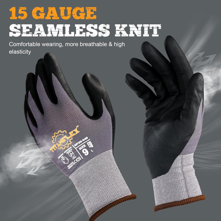 TitanFlex Work Gloves Microfoam Nitrile Coated Men Women-6 Pairs, Safety Warehouse Gloves Mens Working Glove with Grip Heavy Duty, Touchscreen, Seamless Knit Nylon for Automotive, Garden (Large)