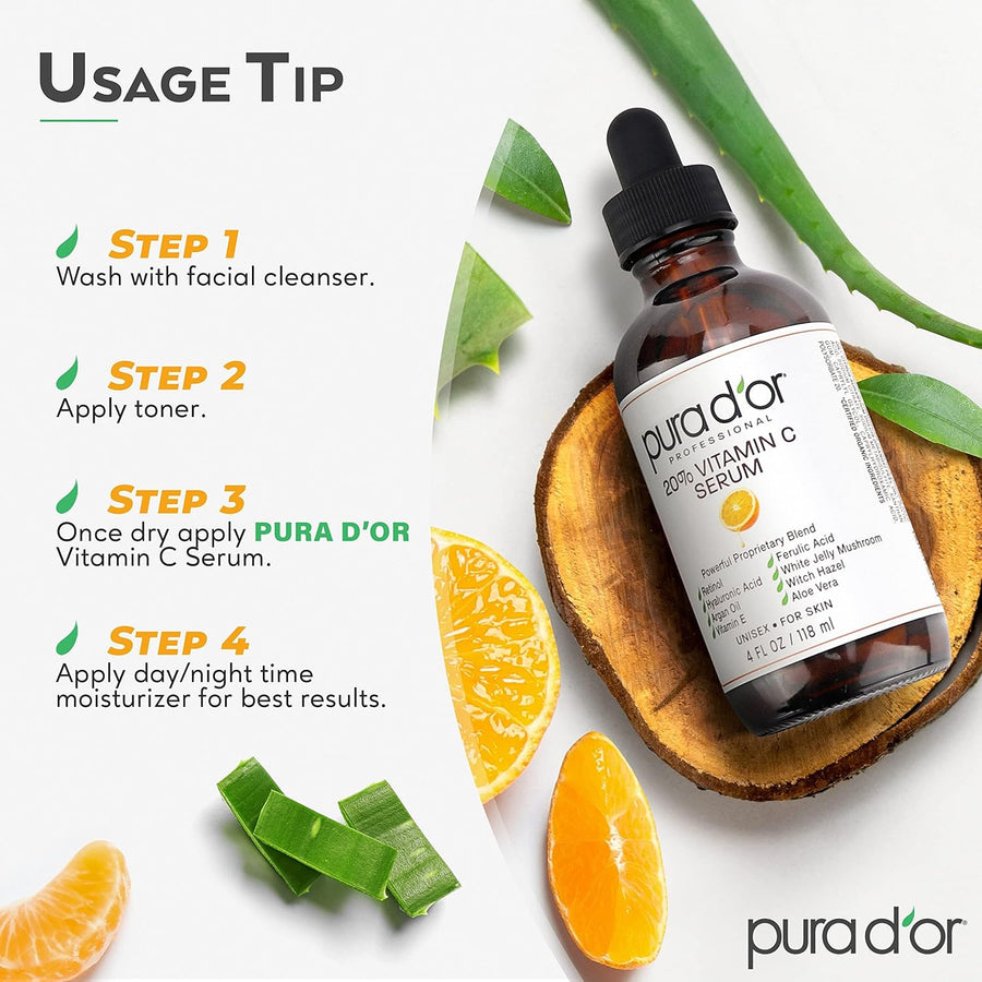 PURA D'OR 20% Vitamin C Serum 4 Oz - Lightweight Maximum Strength Formula - Retinol, Hyaluronic Acid, Ferulic Acid - Professional Grade Treatment For Face & Eyes, Wrinkles - Men & Women