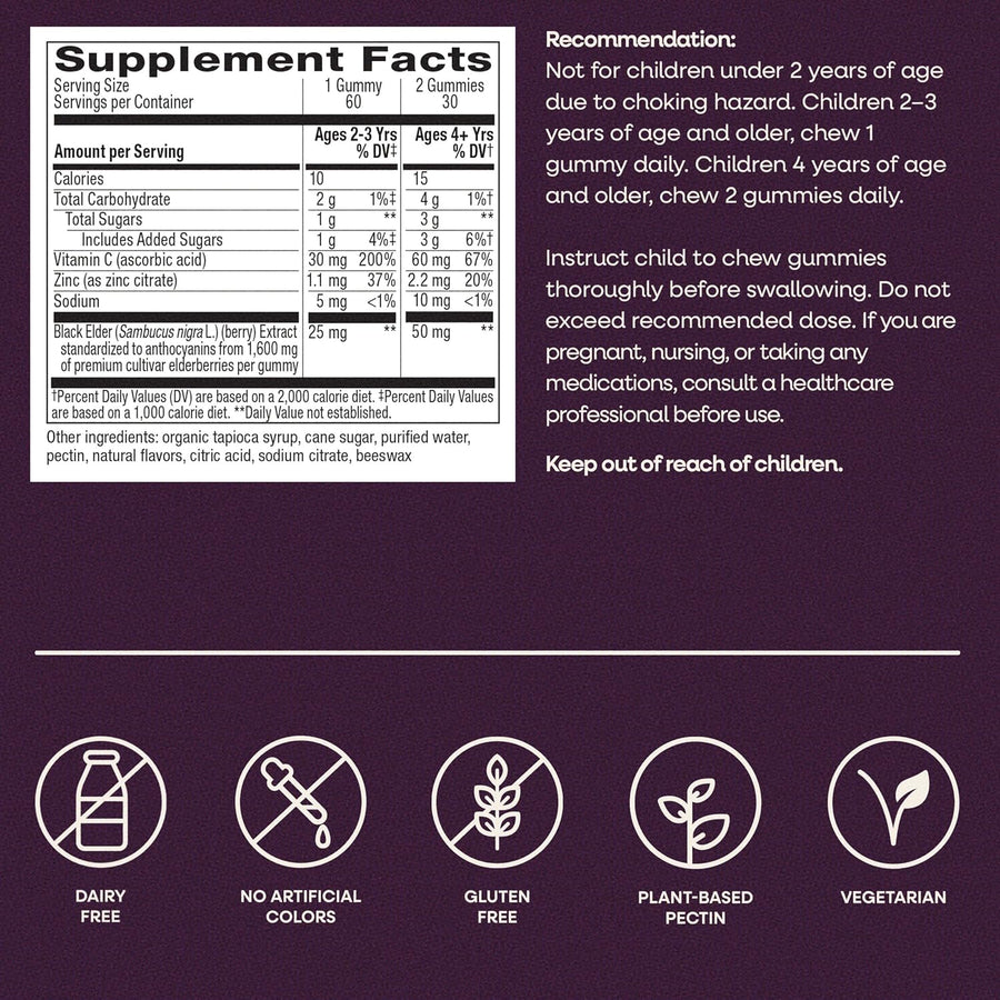 Nature's Way Sambucus Kids Elderberry Immune Gummies with Black Elderberry Extract, Daily Immune Support Gummy with Vitamin C and Zinc for Children Ages 2+*, 60 Gummies