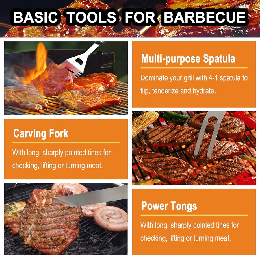 grilljoy 24PCS BBQ Grill Tools Set with Meat Thermometer and Injector - Extra Thick Stainless Steel Fork, Spatula& Tongs - Complete BBQ Accessories in Aluminum Case - Perfect Grill Gifts for Men Grey