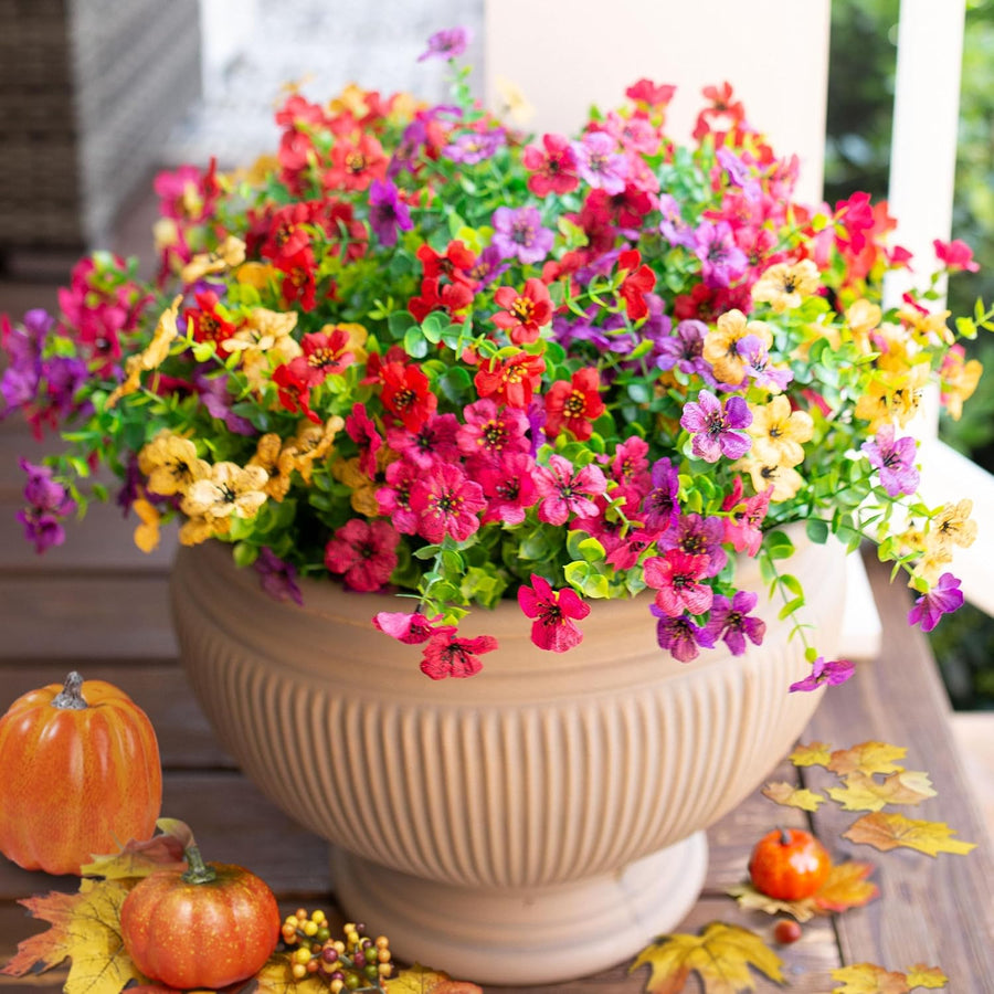 Artificial Flowers for Outdoor Indoor Garden Home Decoration, Faux Flower Daisy with Eucalyptus Leaves Fake Plants Greenery Boxwood Porch Patio, 12 Bundles (Mix Pink Red Purple Yellow)