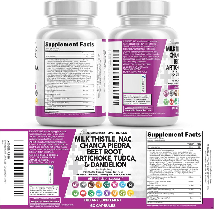 Clean Nutraceuticals Milk Thistle NAC Chanca Piedra Beet Root Artichoke Astragalus Dandelion Root - Liver Cleanse Detox & Repair Supplement Plus TUDCA Choline & Ginger - 1Pack