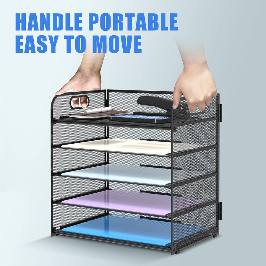 Supeasy 5 Trays Paper Organizer Letter Tray with Handle-Mesh Desk File Organizer, Paper Sorter Desk Organizer for Office, Home or School