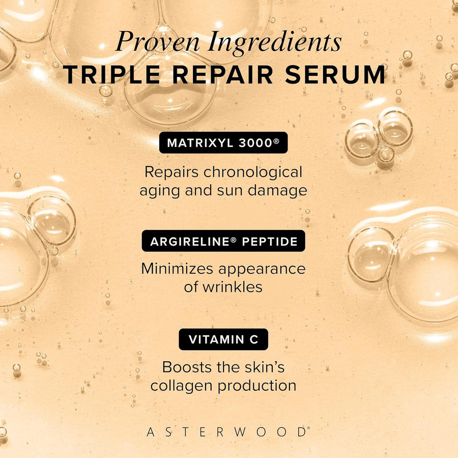 Asterwood Triple Repair Matrixyl 3000 + Argireline + Hyaluronic Acid + Vitamin C Serum for Face - Anti-Aging, Collagen Boosting, Hydrating - Fragrance-Free - 1 Fl Oz