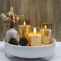 Tyawon Glass Battery Operated LED Flameless Candles with Remote and Timer, Real Wax Candles Warm Color Flickering Light for Festival Wedding Home Party Decor(Pack of 3)-Gold