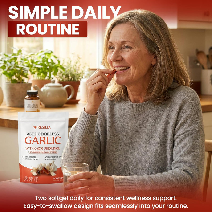 Resilia Garlic Extract 600mg Softgels (60 Count) – Odorless Aged Garlic Extract Supplement with CoQ10 Ubiquinol – 20-Month Matured, Standardized for S-Allyl Cysteine - Heart Health & Immune Support