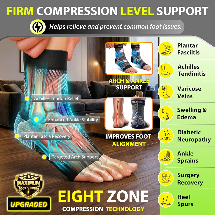 Compression Socks for Plantar Fasciitis and Ankle Pain Relief Black L-XL