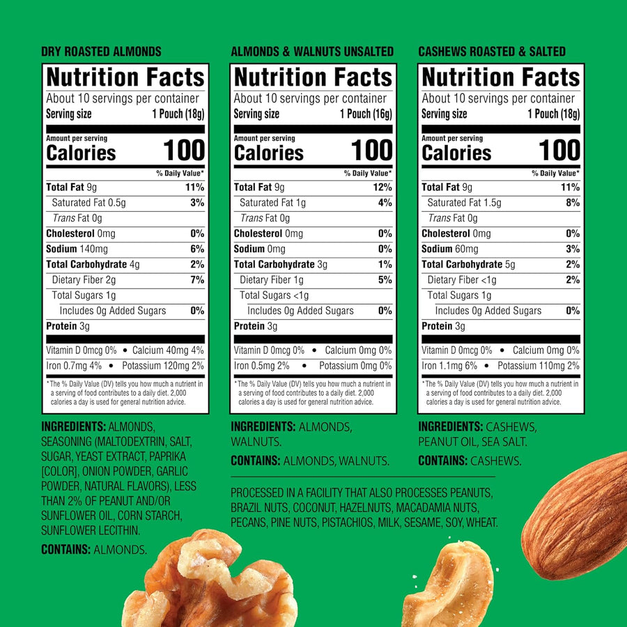 Emerald Nuts Mixed Nuts Variety Pack 18ct (1-Pack) , 100-Calorie Individual Packs , Features Dry Roasted Almonds, Natural Almonds & Walnuts, and Roasted & Salted Cashews