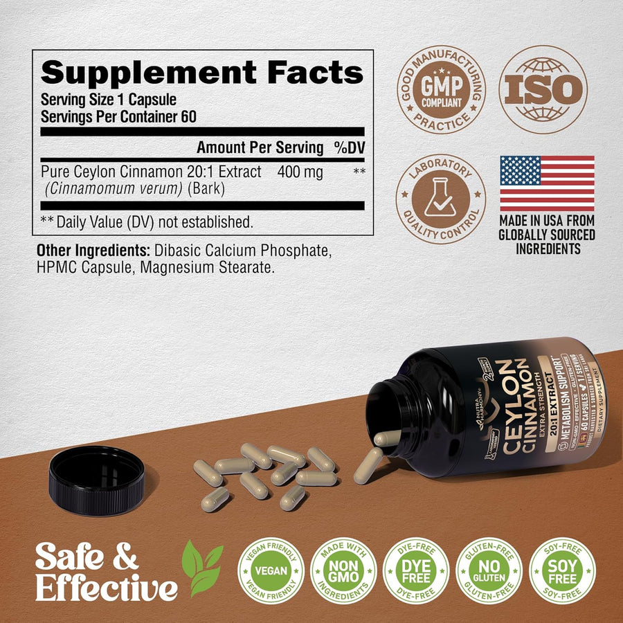 Ceylon Cinnamon Capsules - Extra Strength - 20:1 Extract Supplement