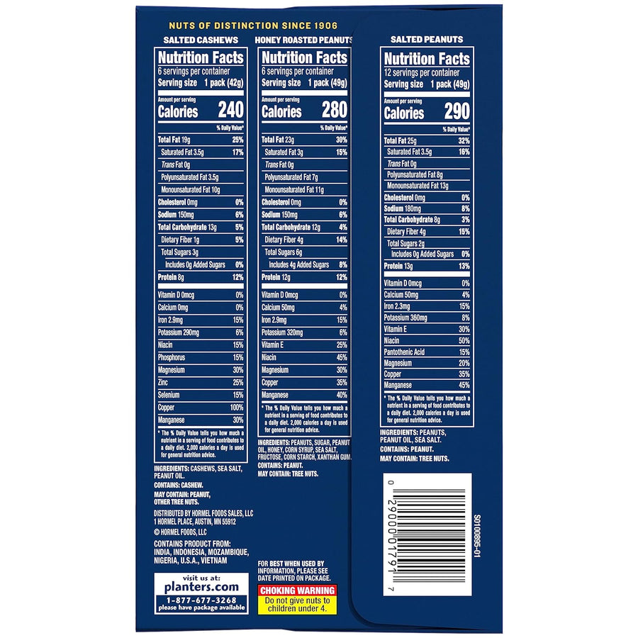 PLANTERS Variety Pack, Salted Cashews, Salted Peanuts & Honey Roasted Peanuts, On-the-Go Nut Snacks, Individually Packed Snacks, Mixed Nuts, Kosher, (36 Count)