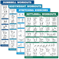 4-Pack Laminated Workout Posters: Dumbbell, Bodyweight, Stretching, Kettlebell Exercises