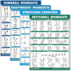 Palace Learning 4 Pack Workout Charts - Dumbbell, Bodyweight, Stretching, Kettlebell Exercises