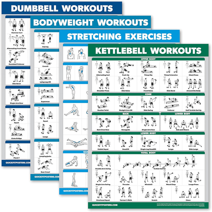 Palace Learning 4 Pack Workout Charts - Dumbbell, Bodyweight, Stretching, Kettlebell Exercises