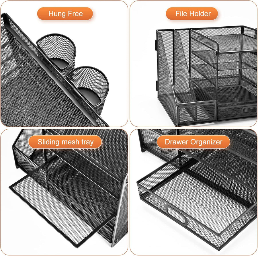 Marbrasse Desk Organizer with File Holder, 5-Tier Paper Letter Tray Organizer with Drawer and 2 Pen Holder, Mesh Desktop Organizer and Storage with Magazine Holder for Office Supplies(Black)