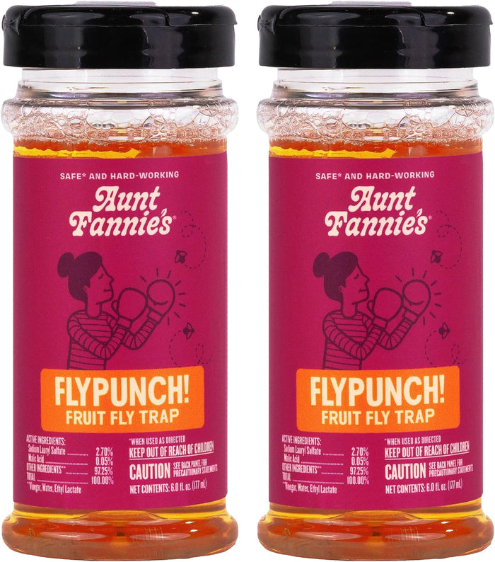 Aunt Fannie's FlyPunch Fruit Fly Trap for Indoor and Kitchen Use, Ready to Use, Made with Plant Based Ingredients, Safe Near Food, Each Bottle Lasts Up to 30 Days, Pack of 2