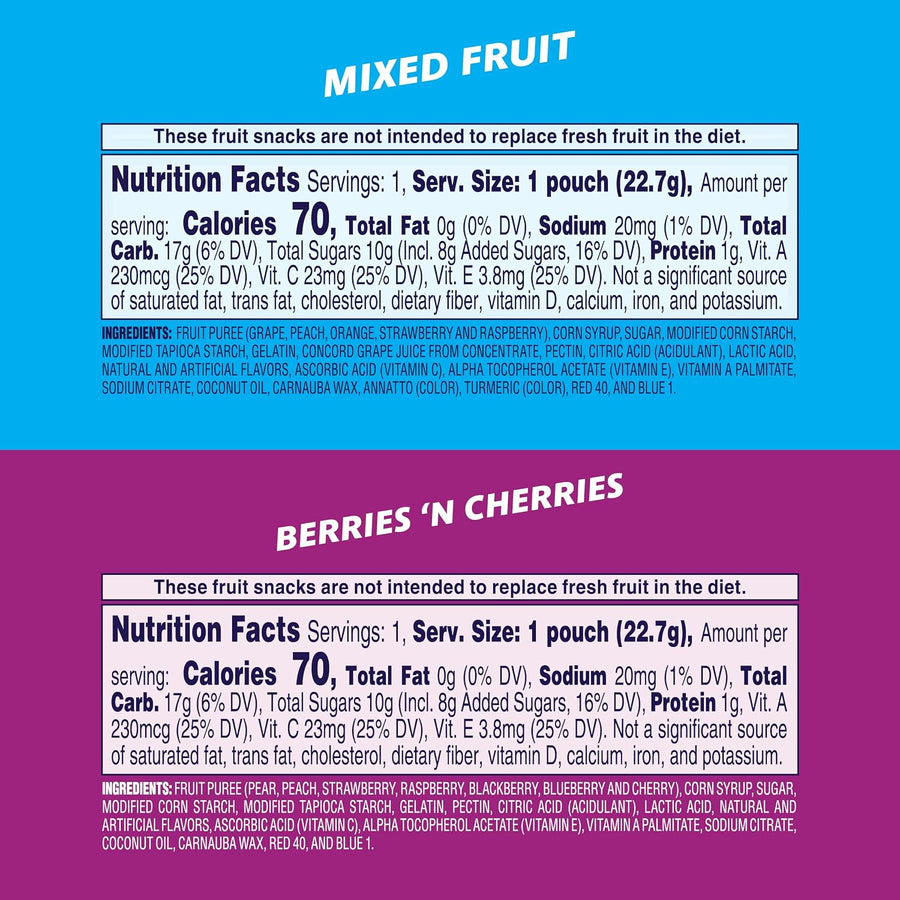 Welch's Fruit Snacks, Mixed Fruit & Berries 'N Cherries Variety Pack, Great for School Lunches, Bulk Pack, Individual Single Serve Bags, 0.8 oz (Pack of 60)