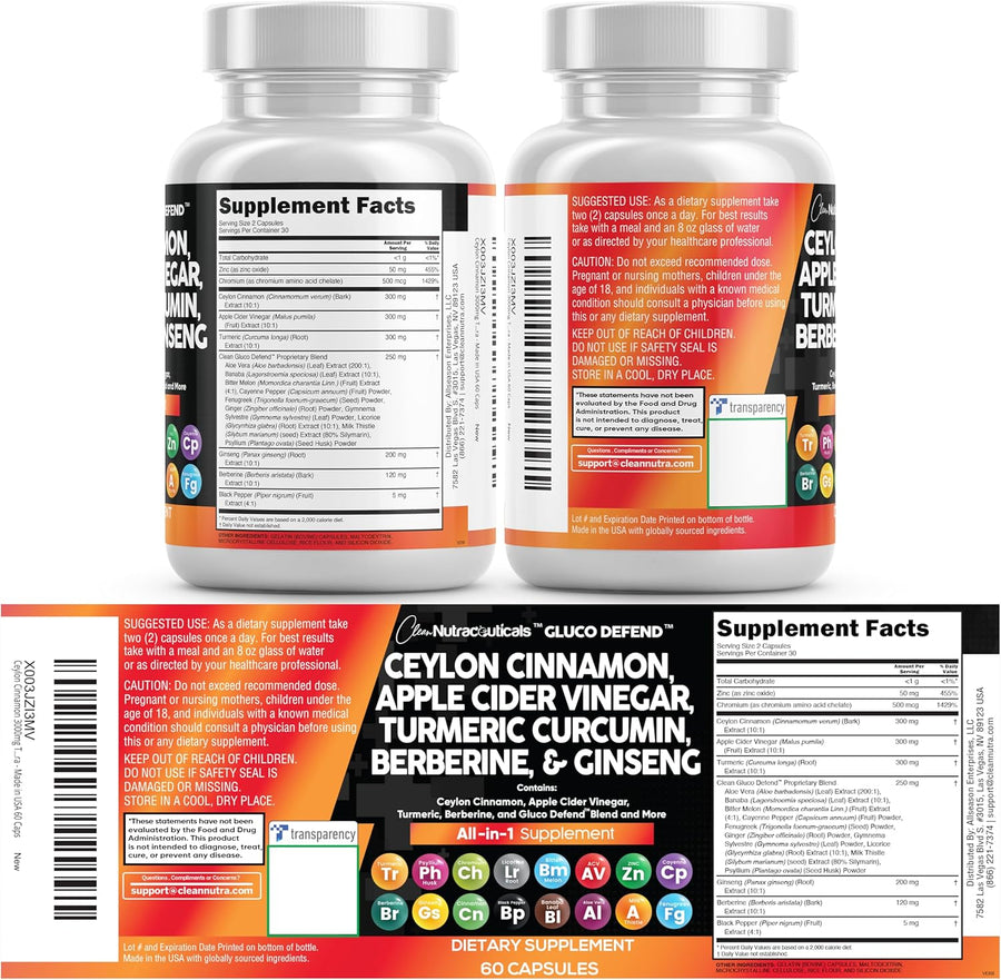 Clean Nutraceuticals Ceylon Cinnamon Capsules with Berberine Turmeric and Apple Cider Vinegar Supplement
