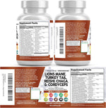 Clean Nutraceuticals Lions Mane 20in1 Mushroom Supplement with Turkey Tail Reishi Cordyceps Chaga Maitake Meshima Poria Cocos Shiitake Oyster Porcini Enoki - 1 Pack
