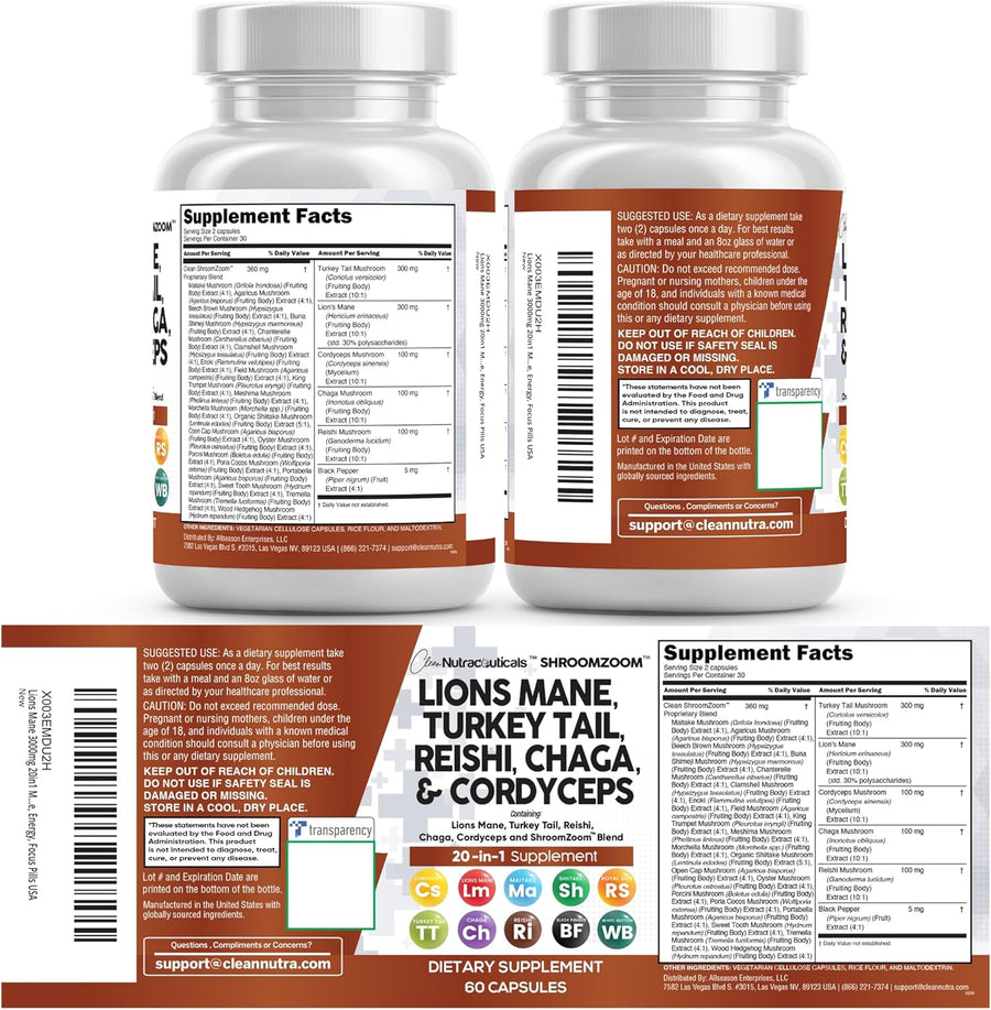 Clean Nutraceuticals Lions Mane 20in1 Mushroom Supplement with Turkey Tail Reishi Cordyceps Chaga Maitake Meshima Poria Cocos Shiitake Oyster Porcini Enoki - 1 Pack