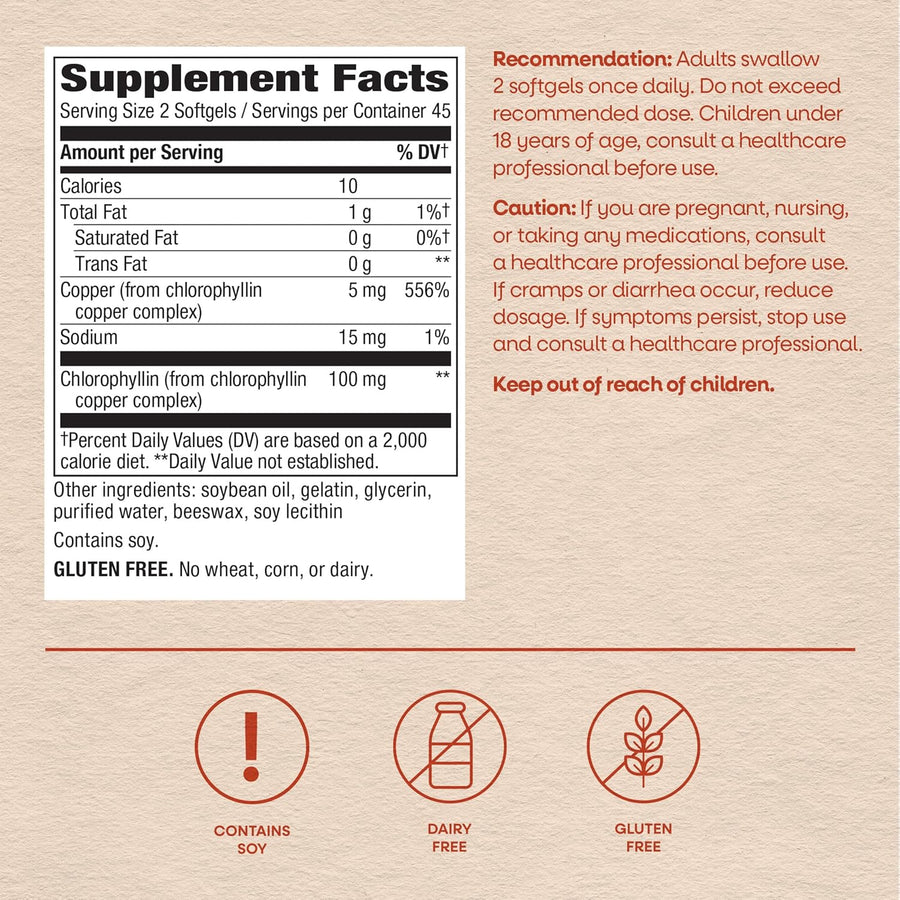 Nature's Way Chlorofresh Chlorophyll Concentrate Softgels, Chlorophyllin Copper Complex, Internal Deodorant Supplement, Supports Healthy Skin and Detox Pathways*, 90 Softgels (Packaging May Vary)